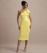Lemon-One-Shoulder-Midi-Dress-With-Bow1